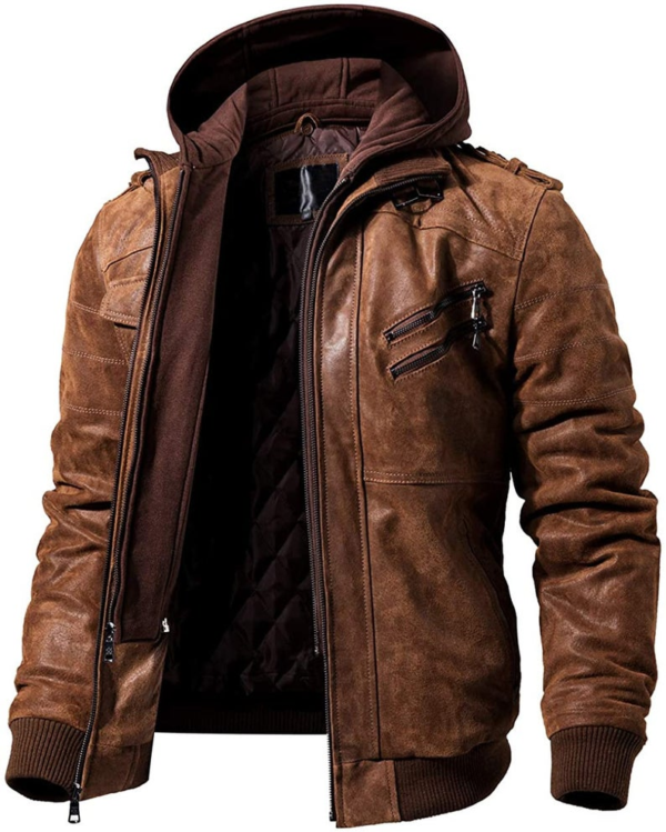 Picture of Vintage Mens Brown Leather Motorcycle Jacket with Removable Hood